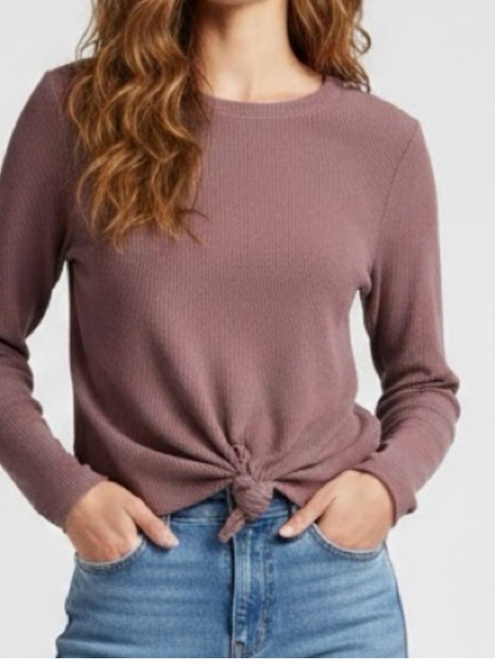 Madewell Mauve Ribbed Long-Sleeve Tie-Front Tee